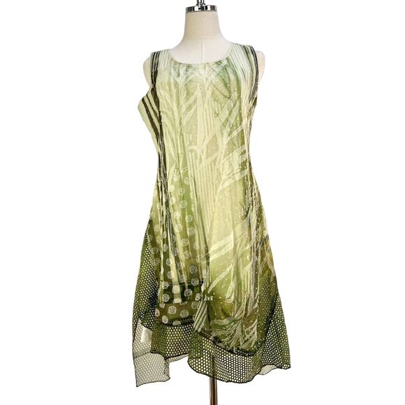 Alberto Makali Green Sleeveless Dress Asymmetrical Handkerchief Mesh Hem - Picture 1 of 7